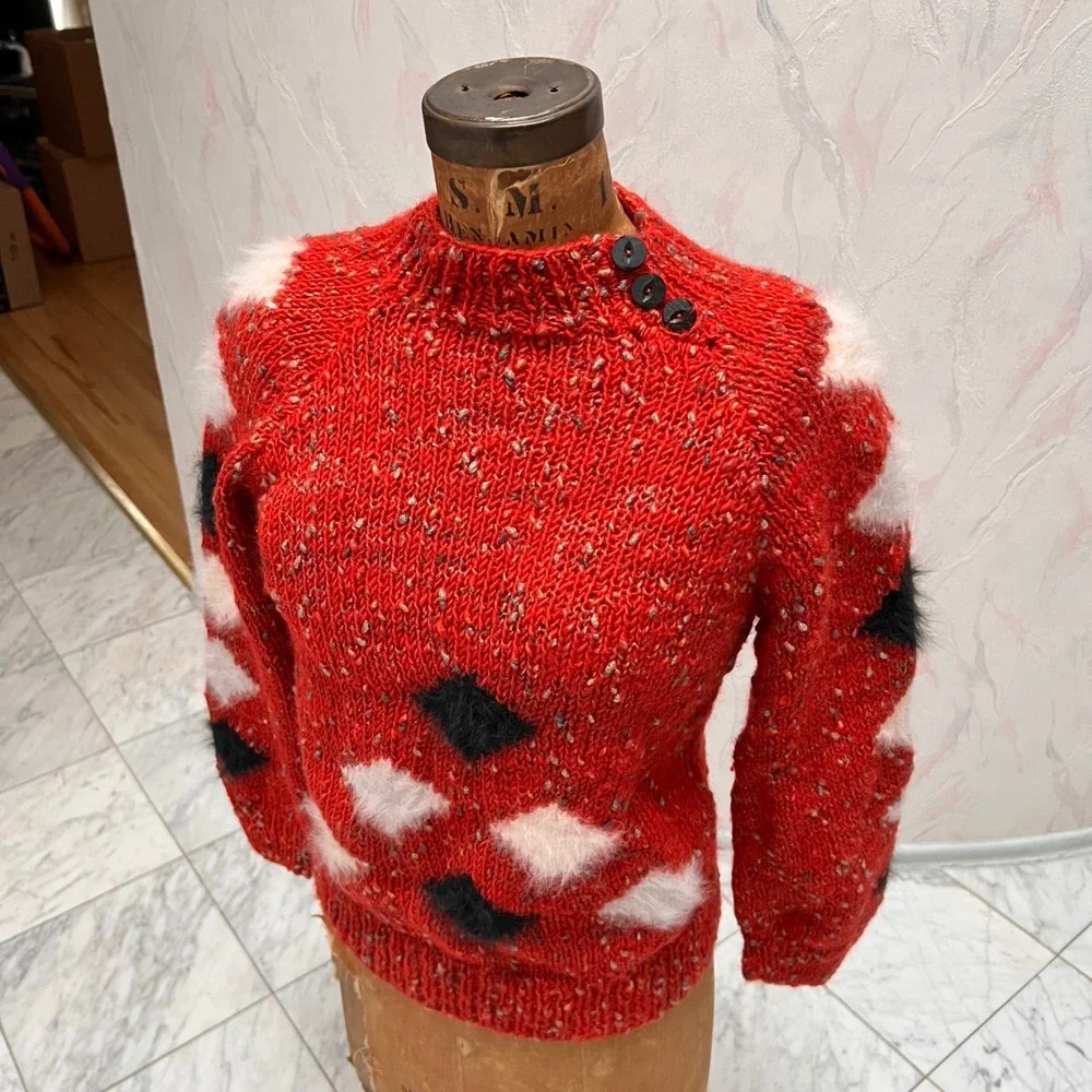 Handknitted Red Chunky Argyle Sweater Mock Neck Grannycore Cabin‎ Preppy Small